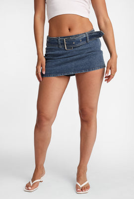 Mid Rise Belted Micro Denim Skort