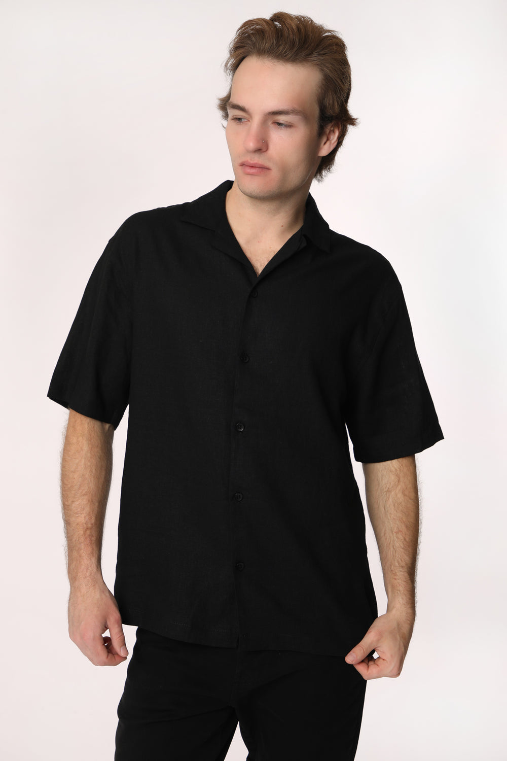 West49 Mens Linen Button-Up Black
