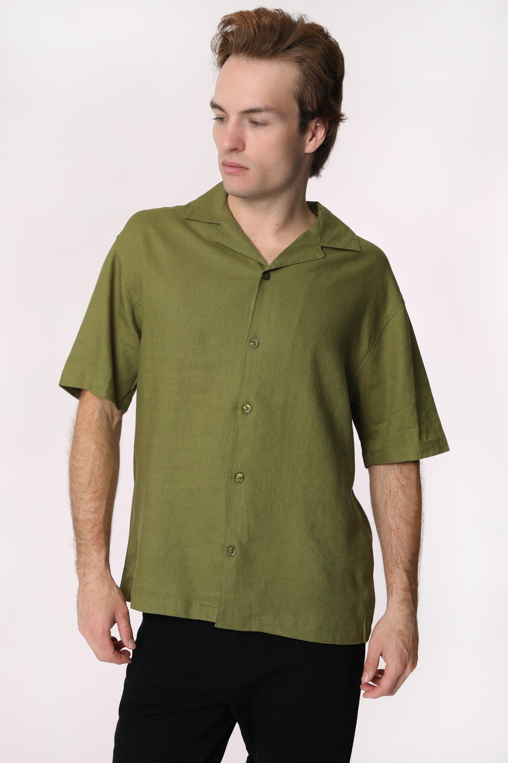 West49 Mens Linen Button-Up Dark Green