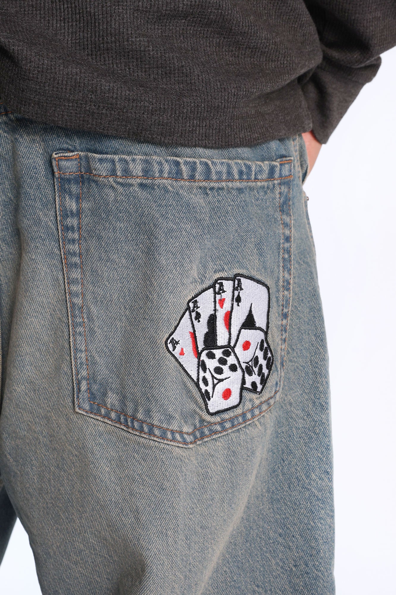 Baggy Skater Embroidered Jeans - Light Blue Denim /