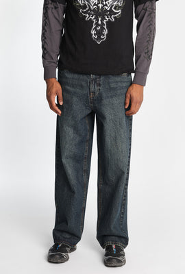 Embroidered Dark Stonewash Baggy Jeans