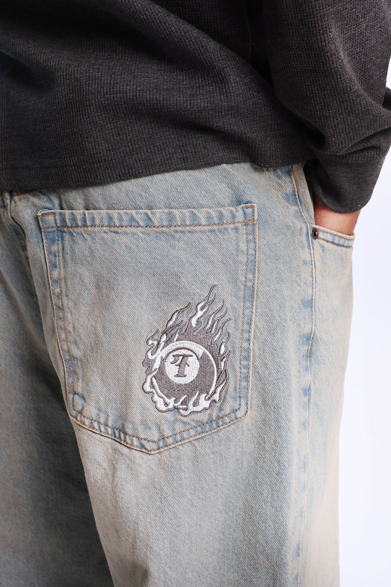 Baggy Skater Embroidered Jeans - Light Denim Blue /