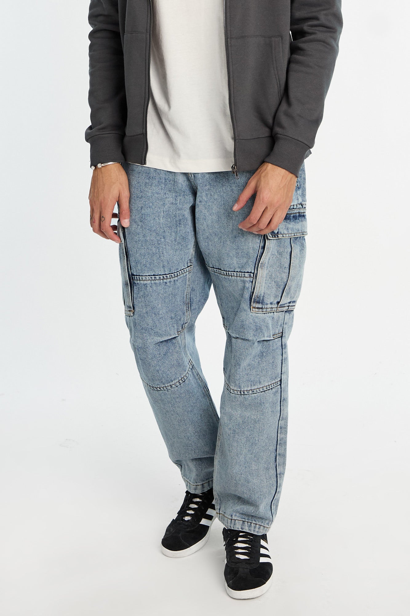 Mens Light Stonewash Cargo Jeans - Denim Blue /