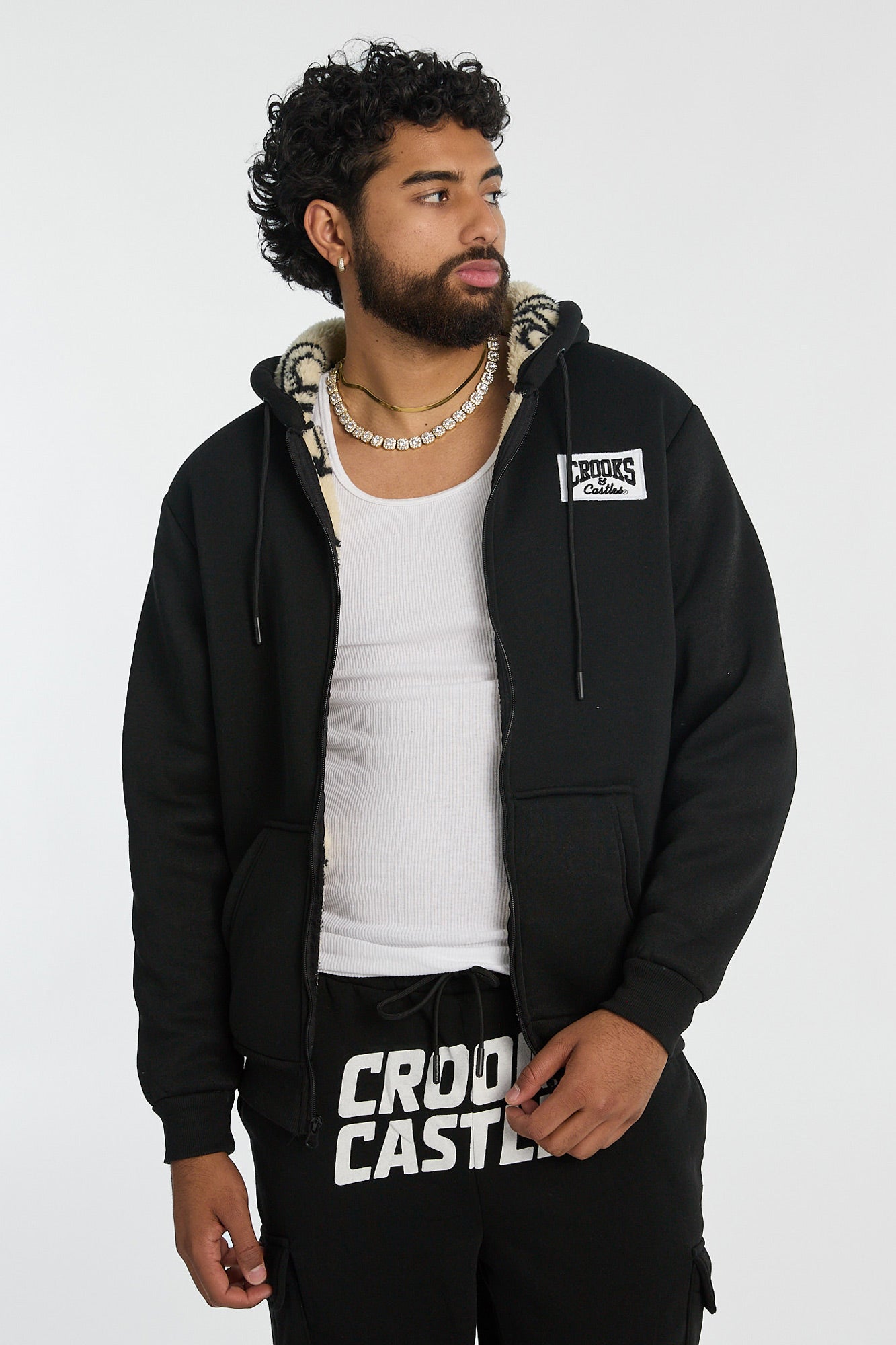 Mens Crooks & Castles Sherpa Lined Zip-Up Hoodie - Black /