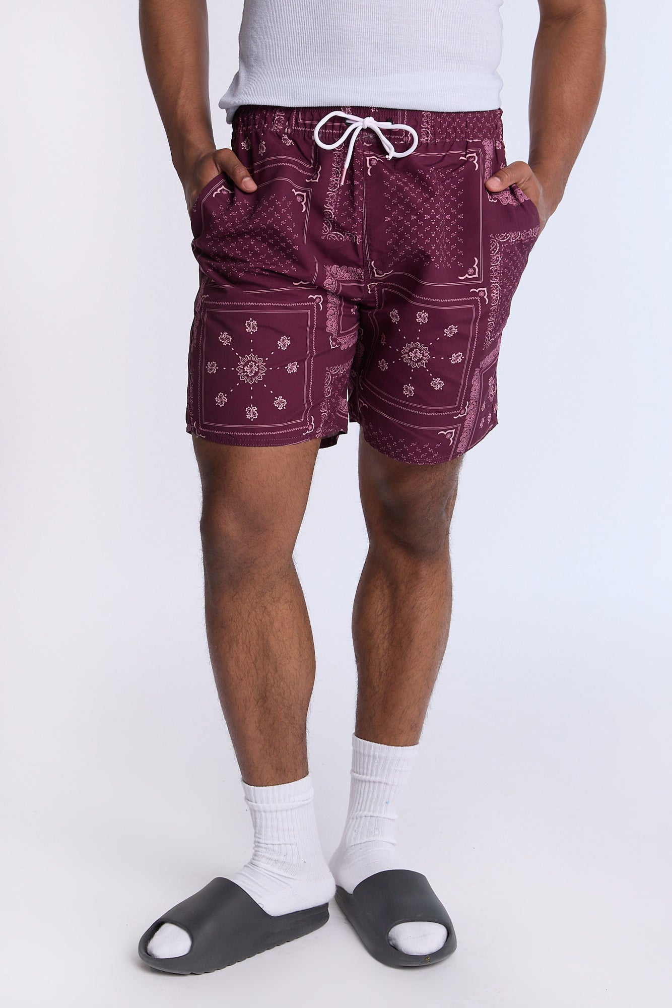 Arsenic Mens Bandana Print Beach Shorts - Burgundy /
