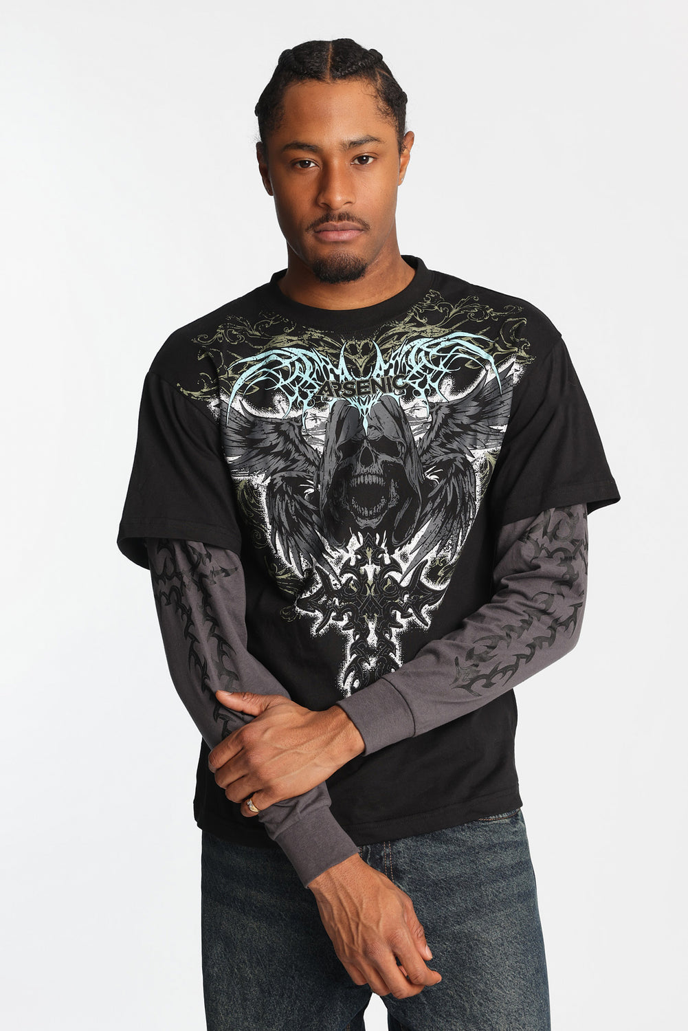 Arsenic Skull Graphic Long Sleeve 2-Fer Tee Arsenic Skull Graphic Long Sleeve 2-Fer Tee