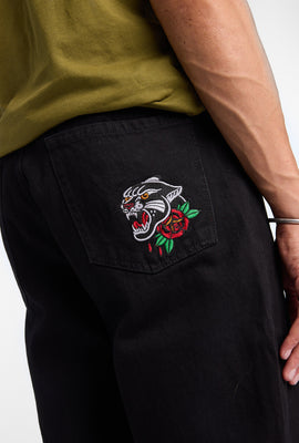 Mens Baggy Black Embroidered Jeans