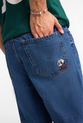 Mens Baggy Dark Stonewash Embroidered Jeans