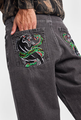 Mens Baggy Skater Embroidered Jeans