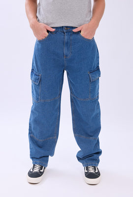 Arsenic Mens Medium Wash Wide Leg Cargo Jeans