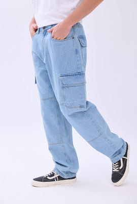 Arsenic Mens Light Wash Wide Leg Cargo Jeans