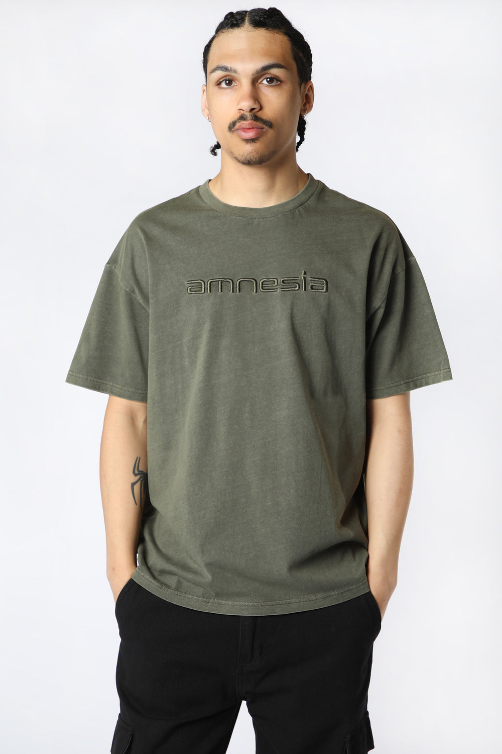 Amnesia Mens Pigment Washed Logo T-Shirt Dark Green