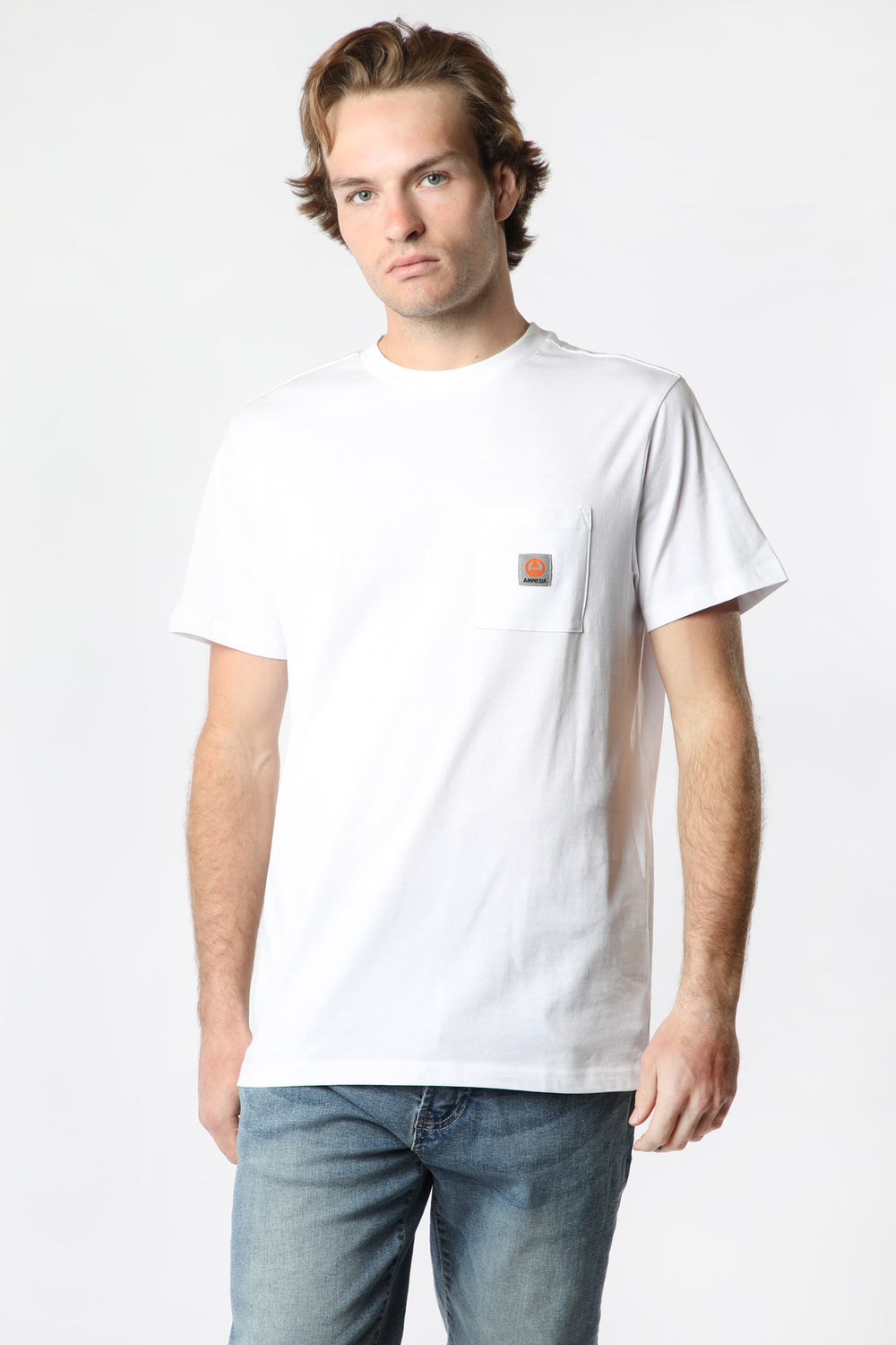 Amnesia Mens Crewneck Pocket T-Shirt White