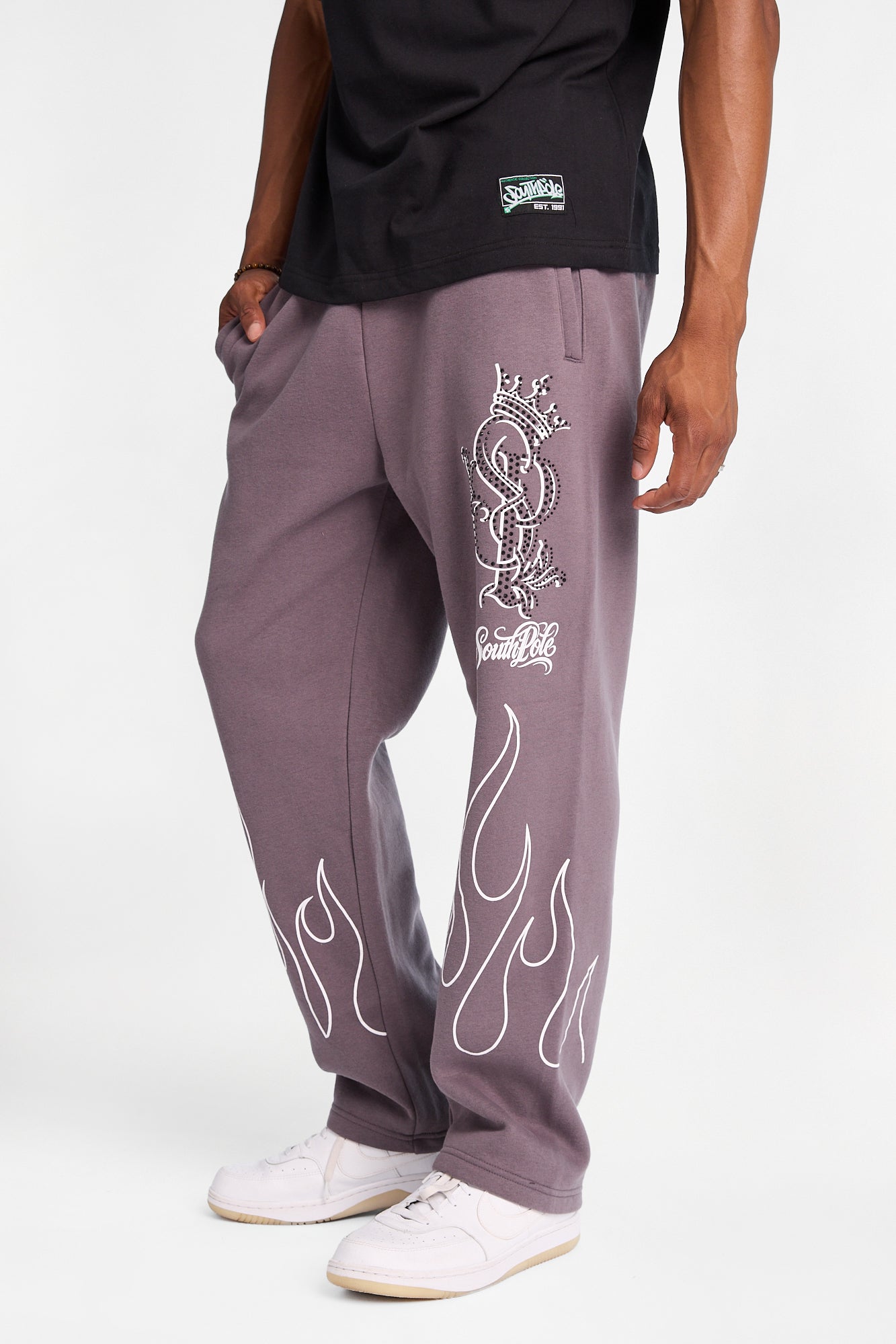 Southpole Rhinestones & Flames Sweatpants - Dark Grey /