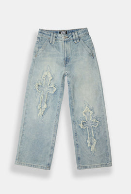 Youth Embroidered Cross Loose Fit Jeans