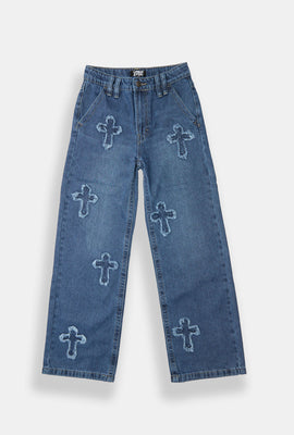 Youth Embroidered Cross Baggy Jeans