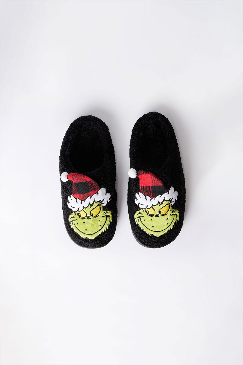 Pantoufles peluche Le Grinch avec chapeau du Père Noël à carreaux fille Pantoufles peluche Le Grinch avec chapeau du Père Noël à carreaux fille
