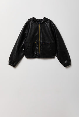 Youth Faux-Leather Hooded Bomber Jacket