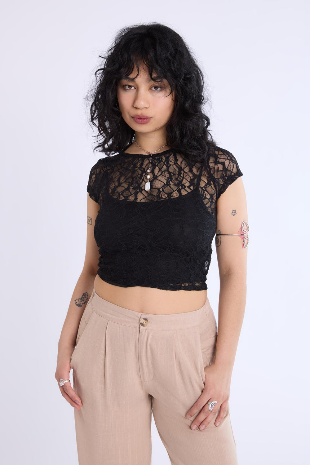 Lace Cap Sleeve Cropped Top Lace Cap Sleeve Cropped Top