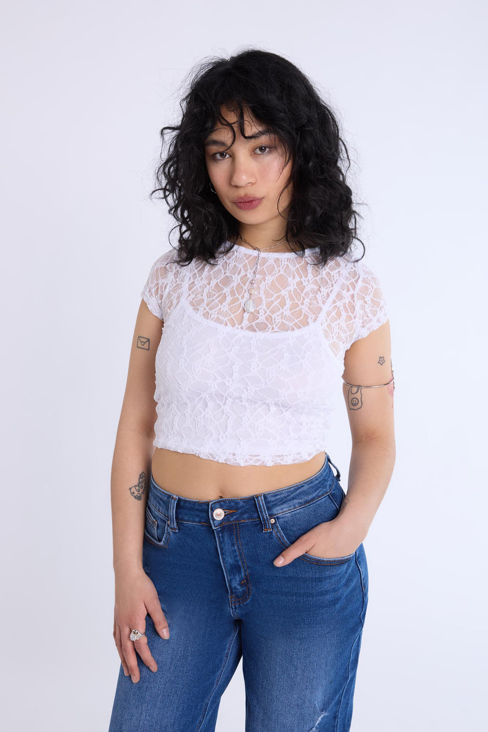 Lace Cap Sleeve Cropped Top Lace Cap Sleeve Cropped Top