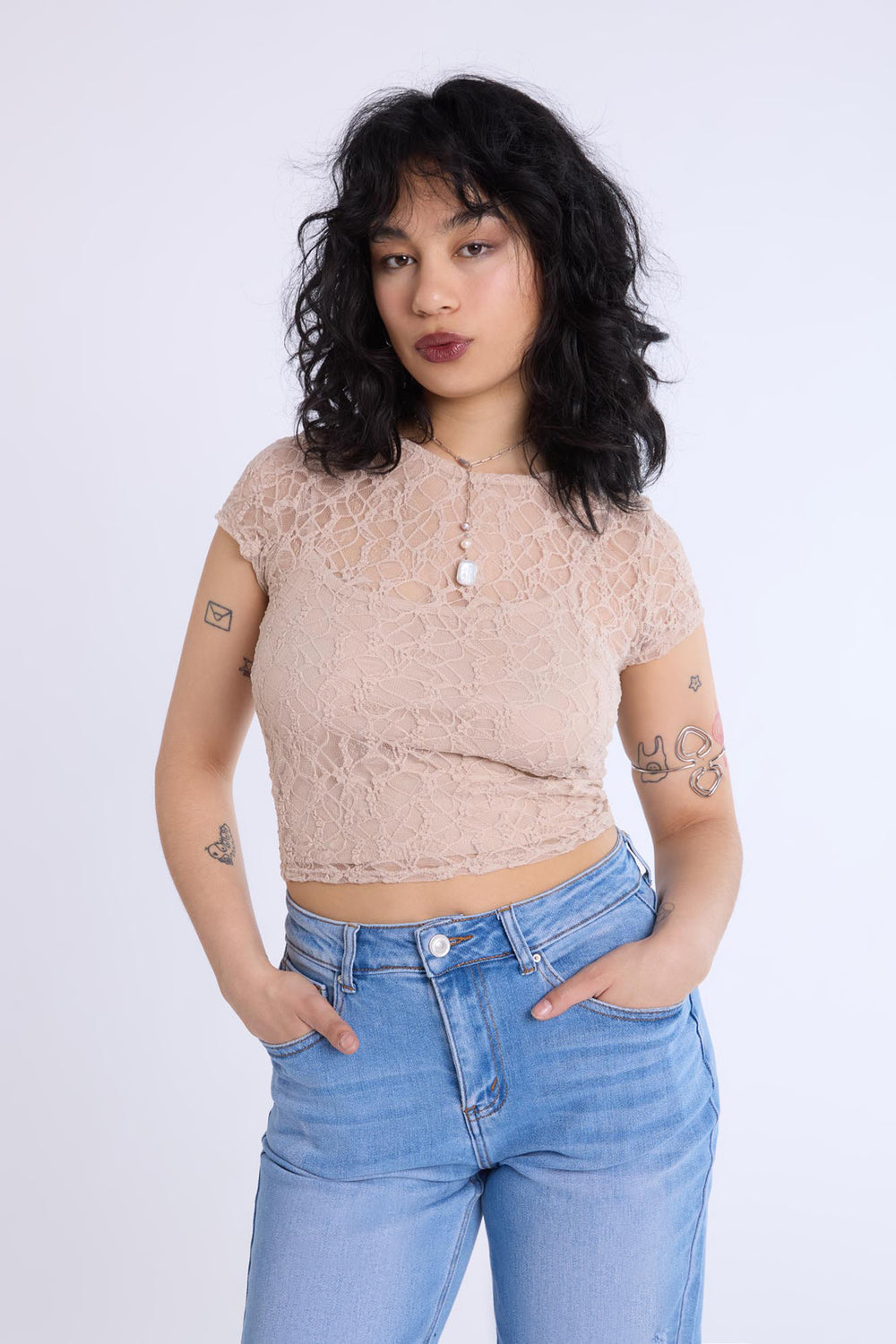 Lace Cap Sleeve Cropped Top Lace Cap Sleeve Cropped Top