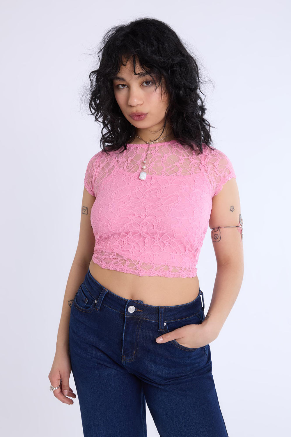 Lace Cap Sleeve Cropped Top Lace Cap Sleeve Cropped Top