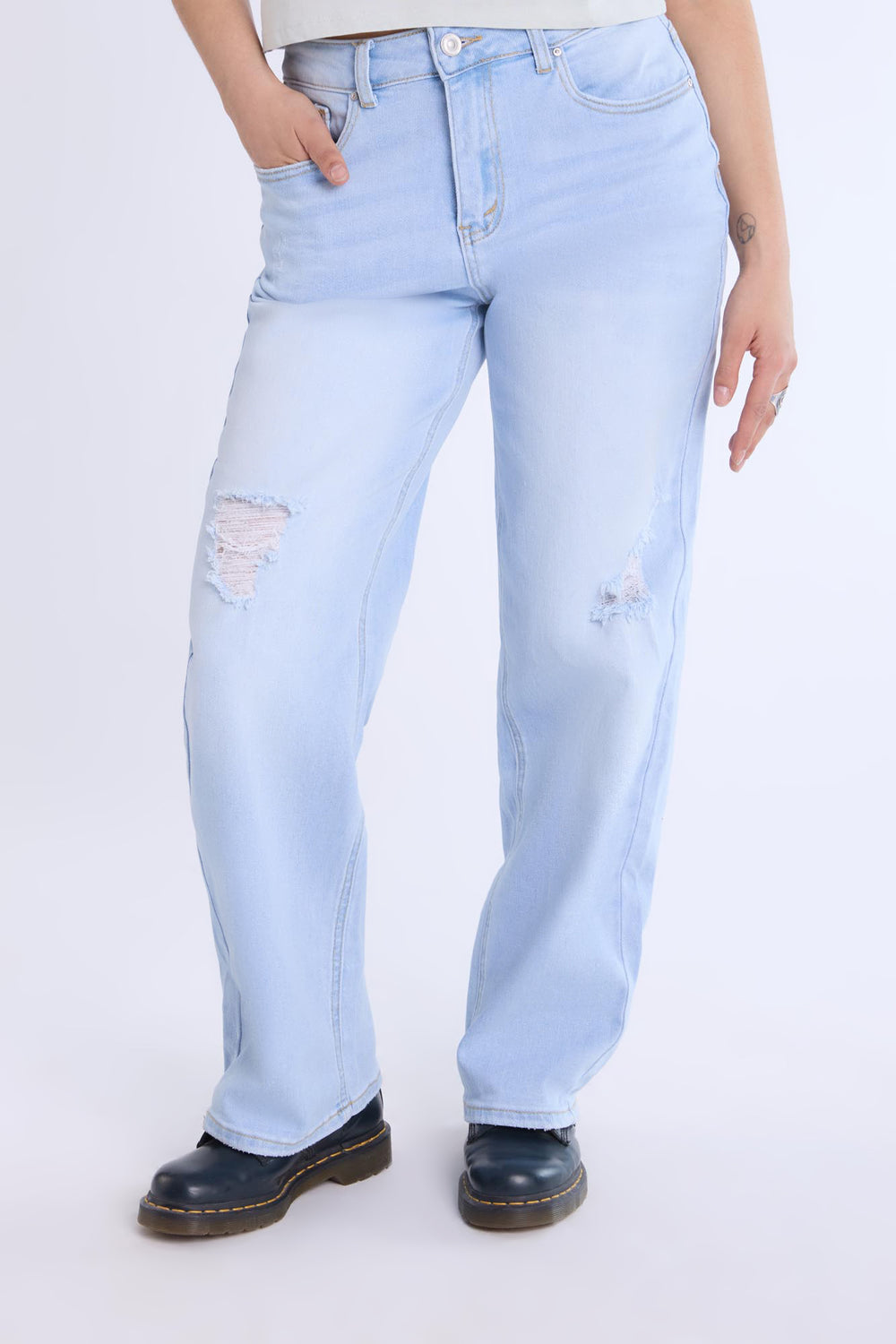 Distressed Straight Leg Jeans Light Denim Blue