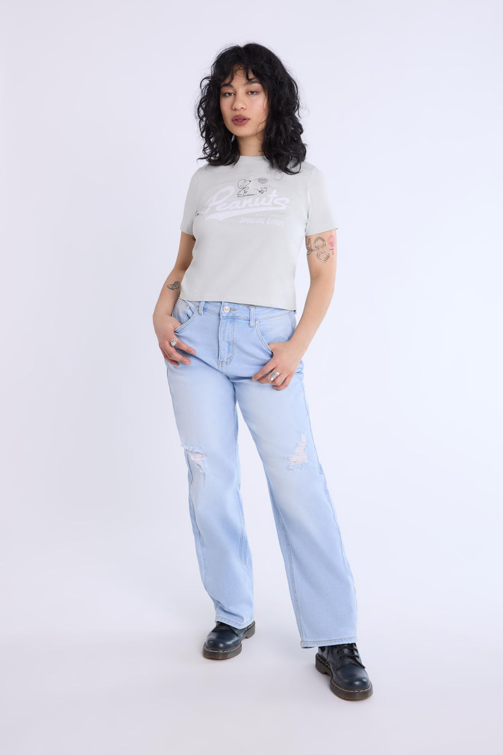 Distressed Straight Leg Jeans Light Denim Blue