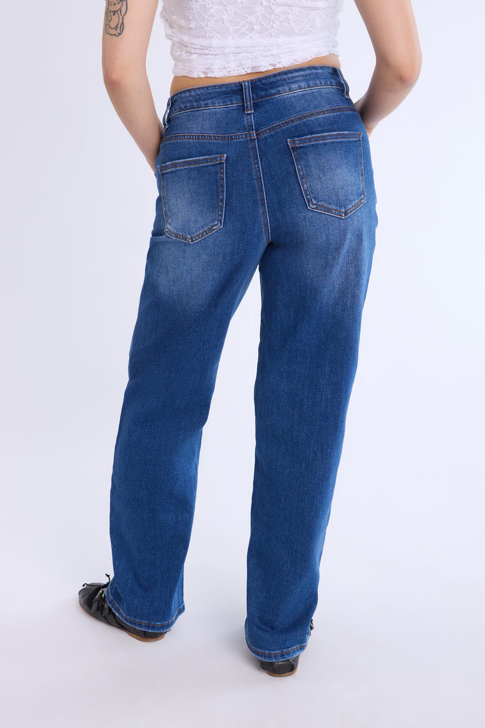 Distressed Straight Leg Jeans Dark Blue