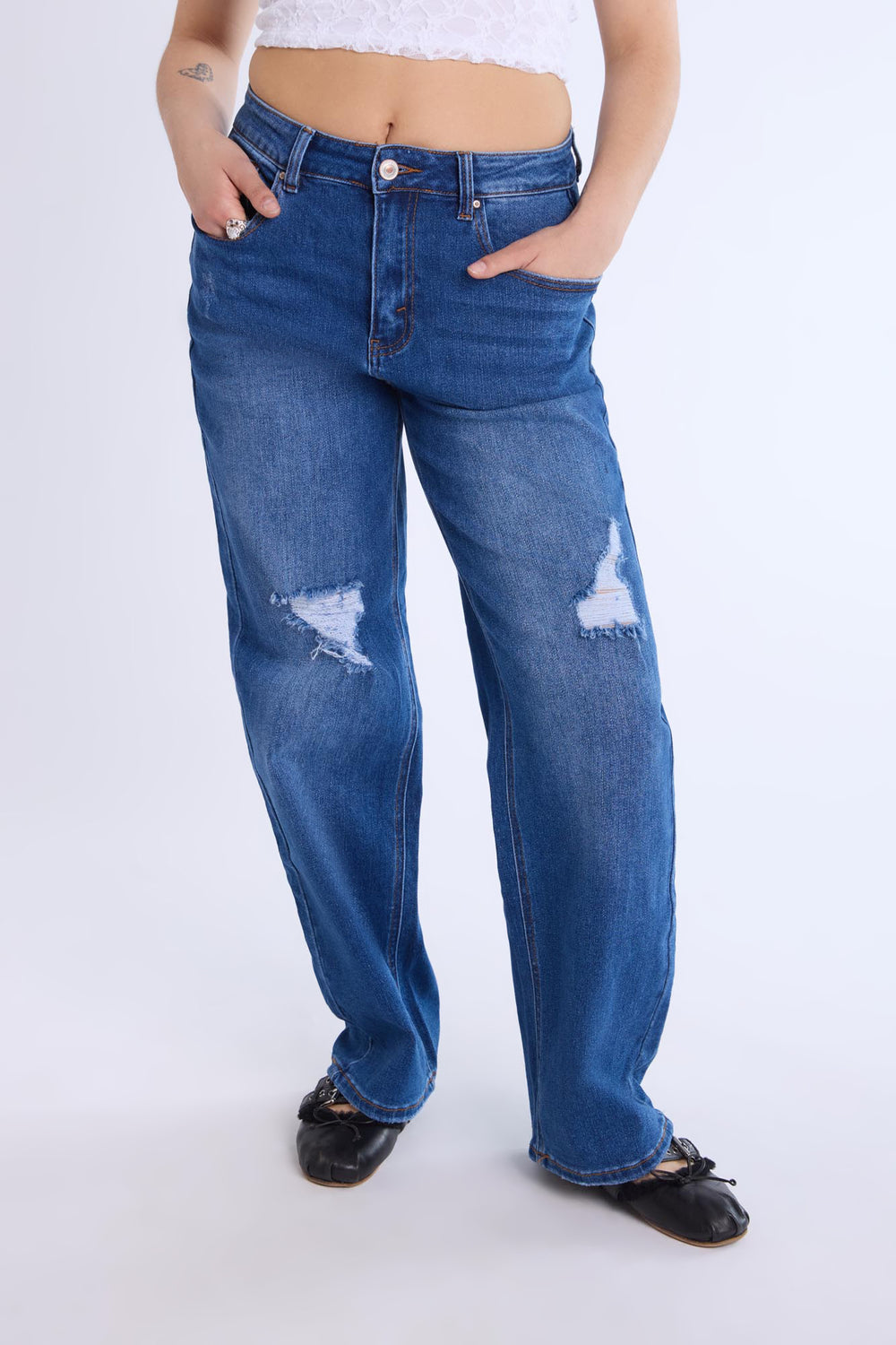 Distressed Straight Leg Jeans Dark Blue