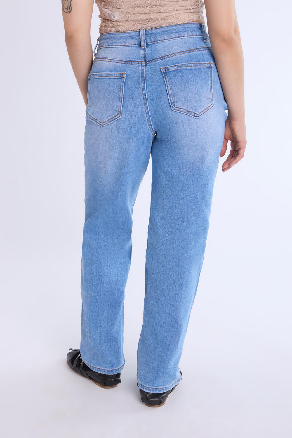 Distressed Straight Leg Jeans Medium Blue