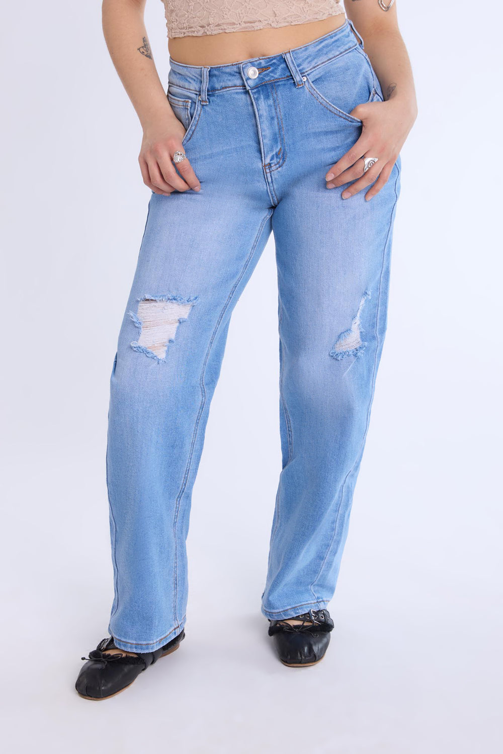 Distressed Straight Leg Jeans Medium Blue