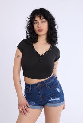 Curved Hem Cropped Henley Tee