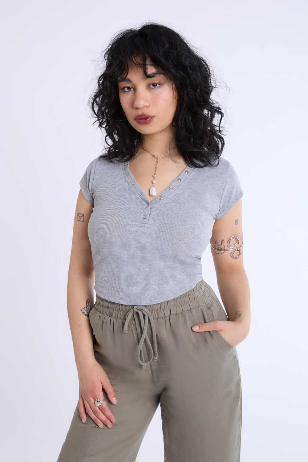 Curved Hem Cropped Henley Tee Curved Hem Cropped Henley Tee