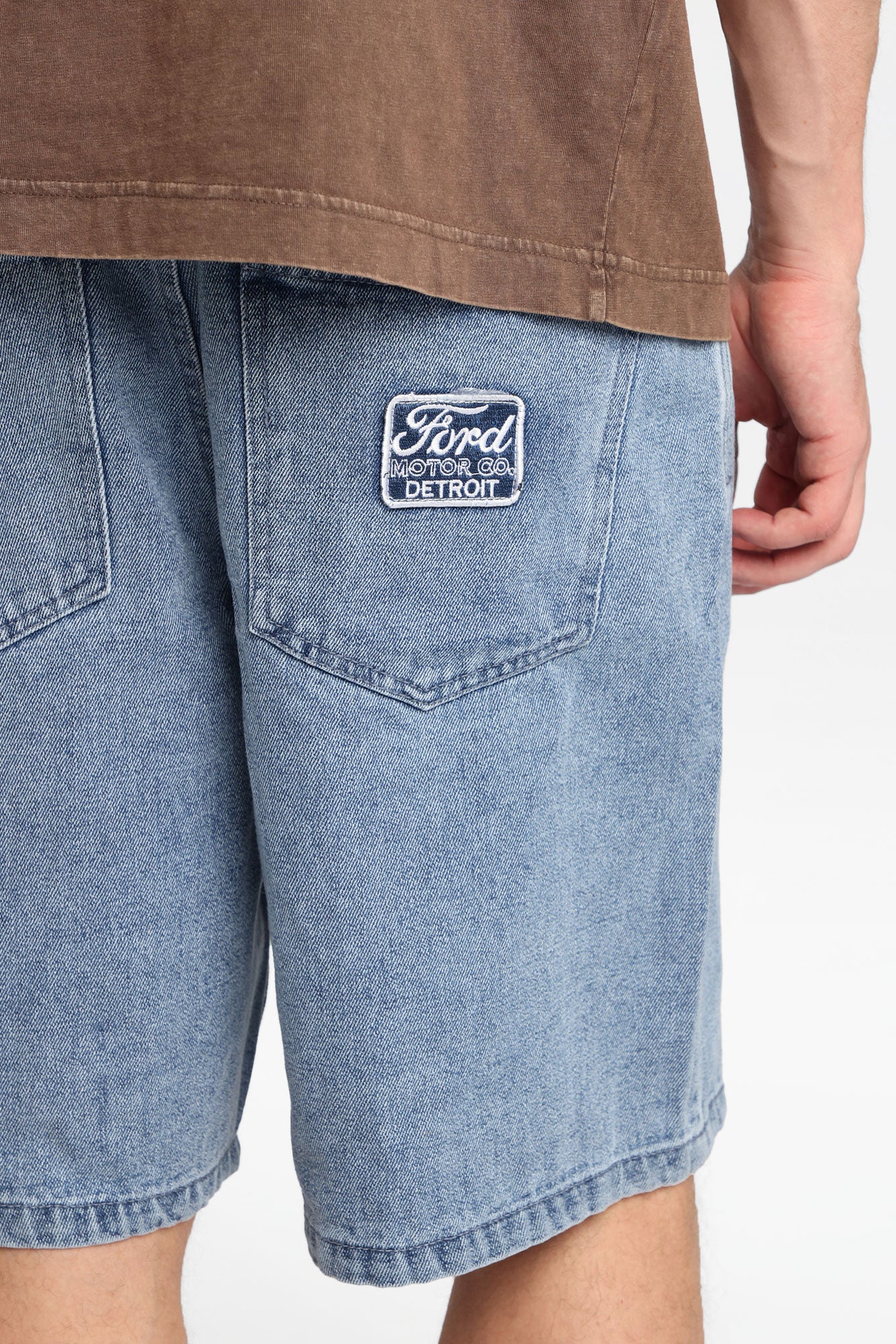 Ford Motor Co. Detroit Embroidered Loose Denim Shorts - Light Blue /