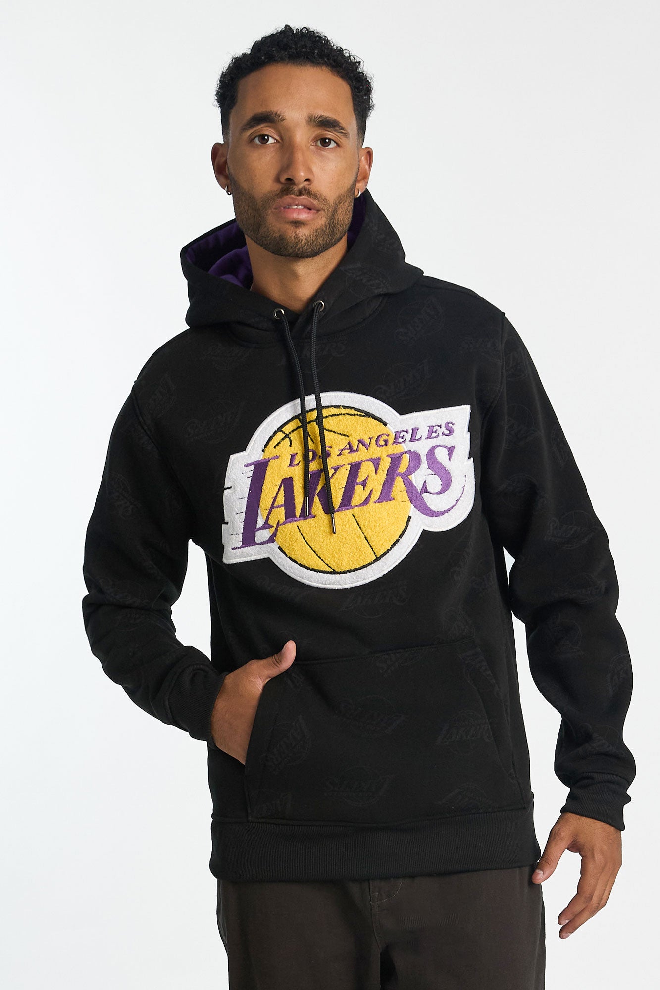 Mens LA Lakers AOP Chenille Logo Hoodie - Black /