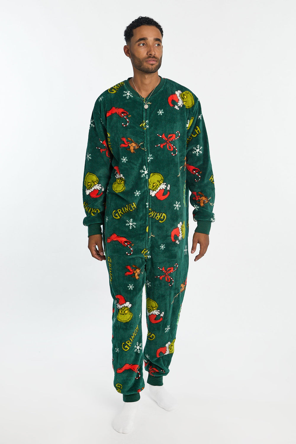 Mens The Grinch Snowflakes Plush Onesie Mens The Grinch Snowflakes Plush Onesie