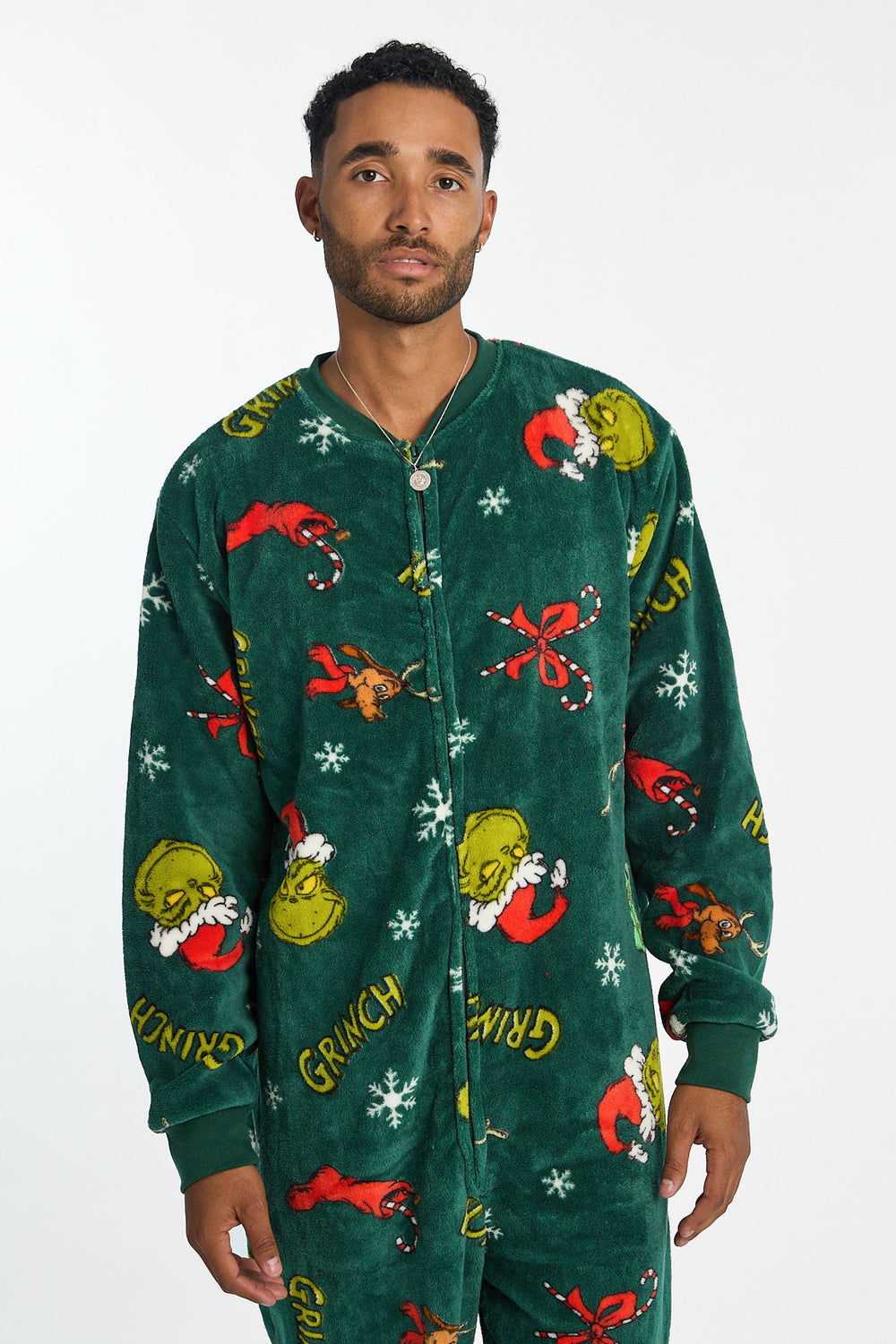 Mens The Grinch Snowflakes Plush Onesie Mens The Grinch Snowflakes Plush Onesie
