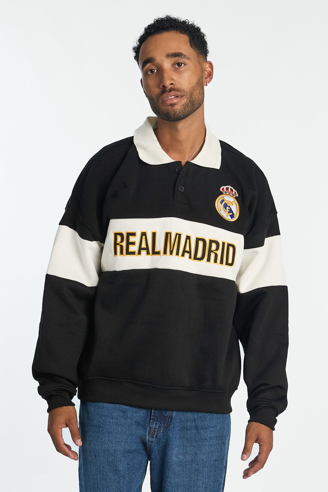 Mens Real Madrid Colour Block Polo Sweatshirt - Black /