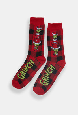 Mens The Grinch Buffalo Plaid Crew Socks