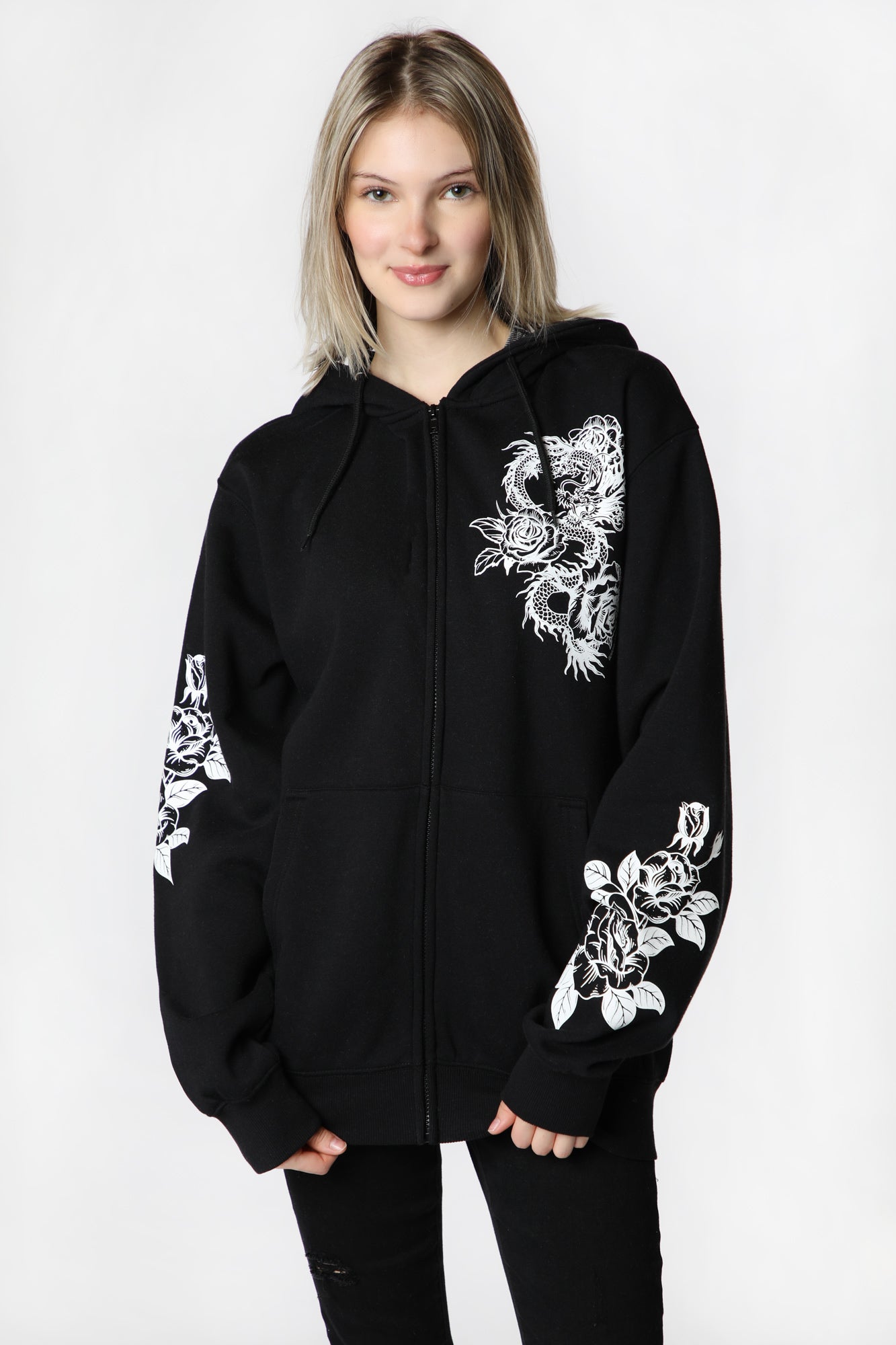 Womens Sovrn Voices Dragon and Roses Zip-Up Hoodie - Black /