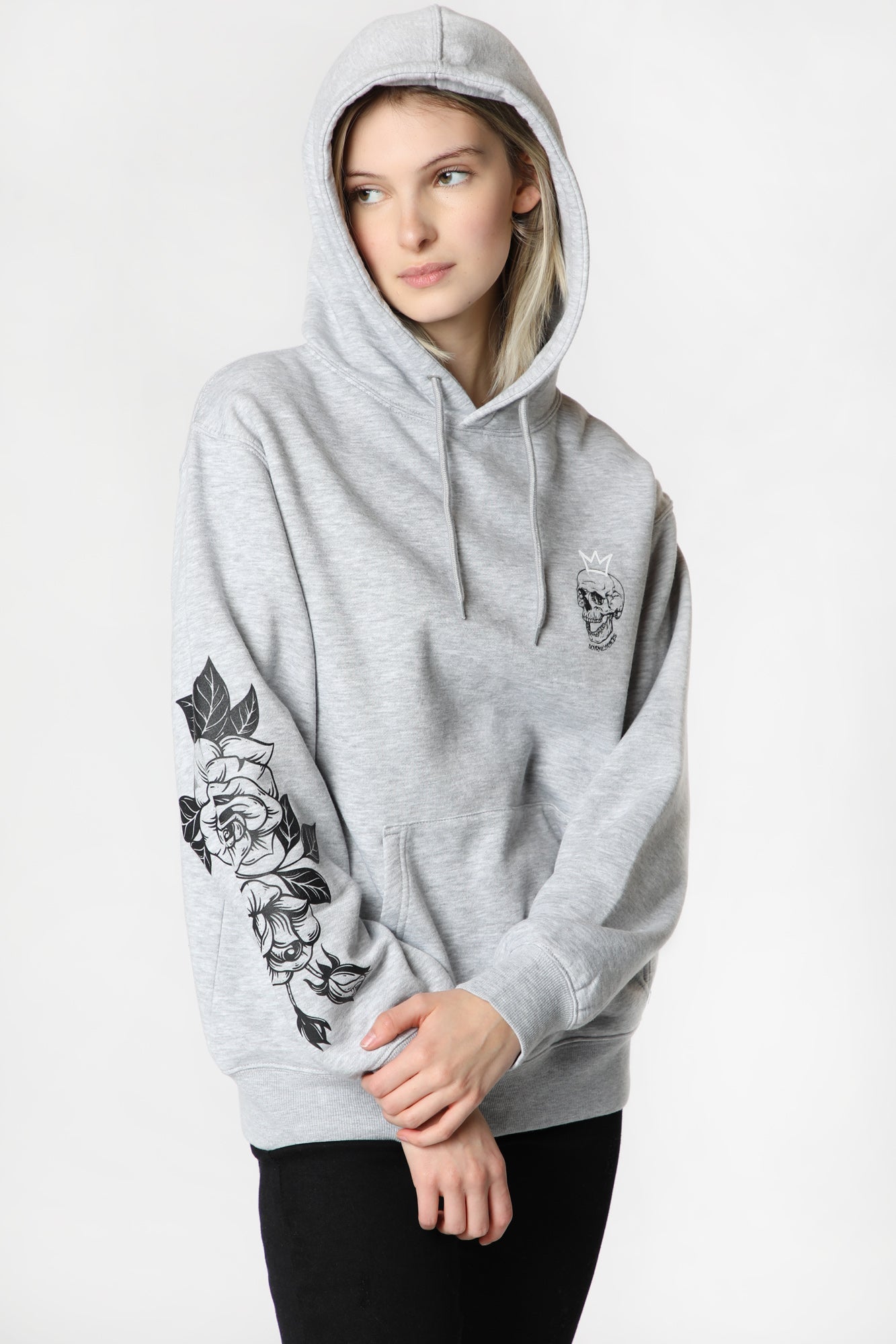 Womens Sovrn Voices Skull and Roses Graphic Hoodie - Heather Grey /