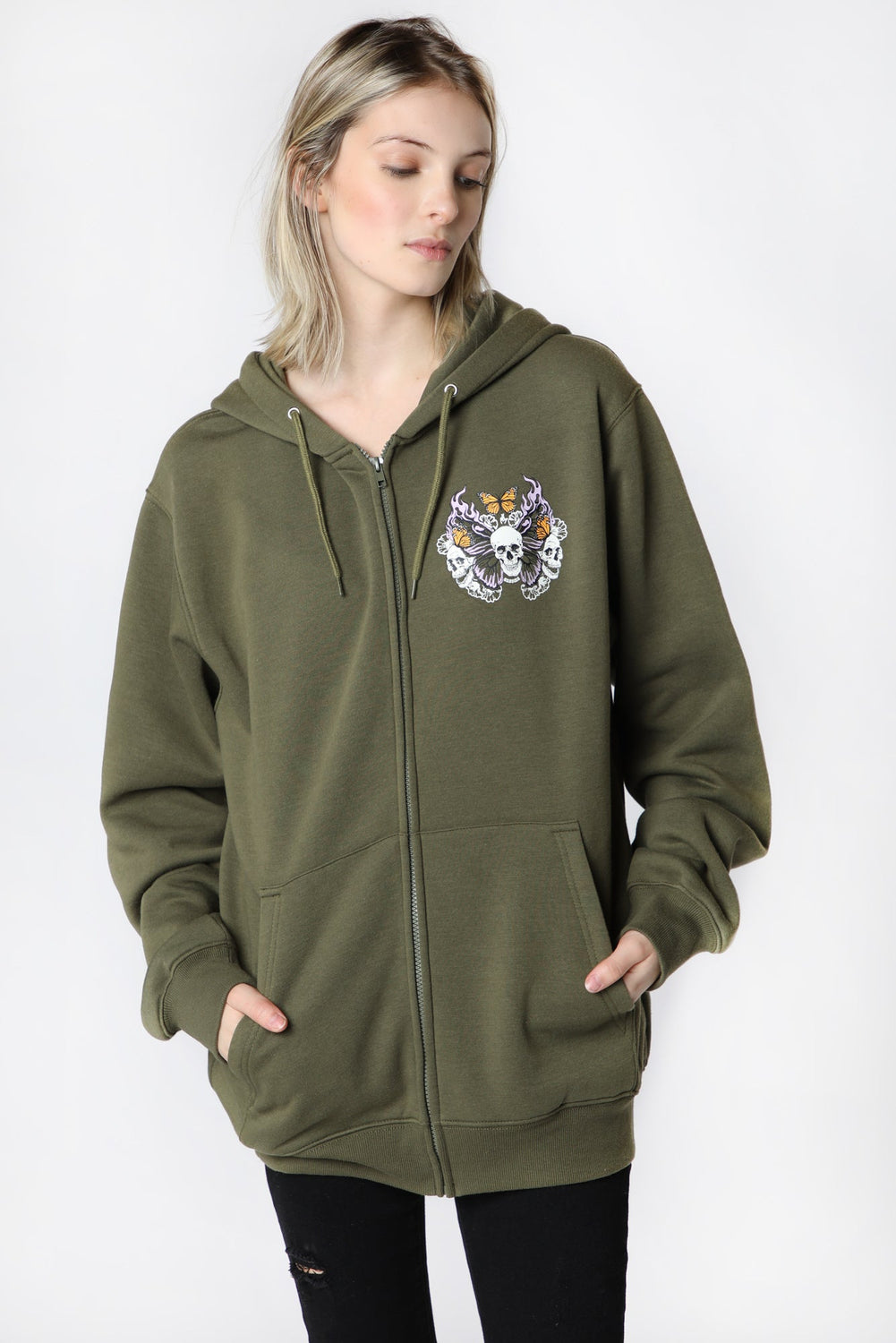 Womens Enygma Graphic Zip-Up Olive Green Hoodie Womens Enygma Graphic Zip-Up Olive Green Hoodie