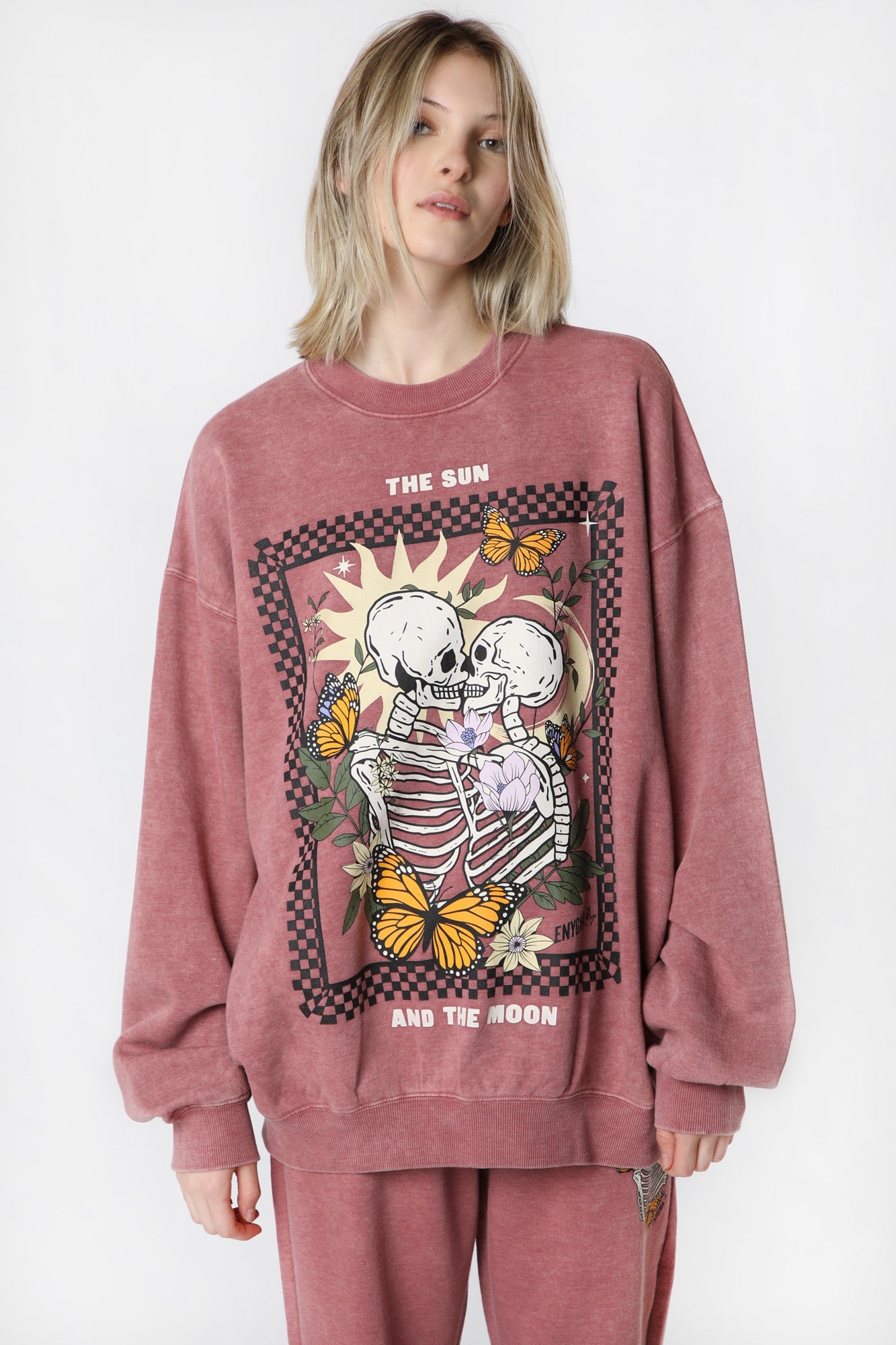 Womens Enygma Skeleton Kiss Sweatshirt - Rose /
