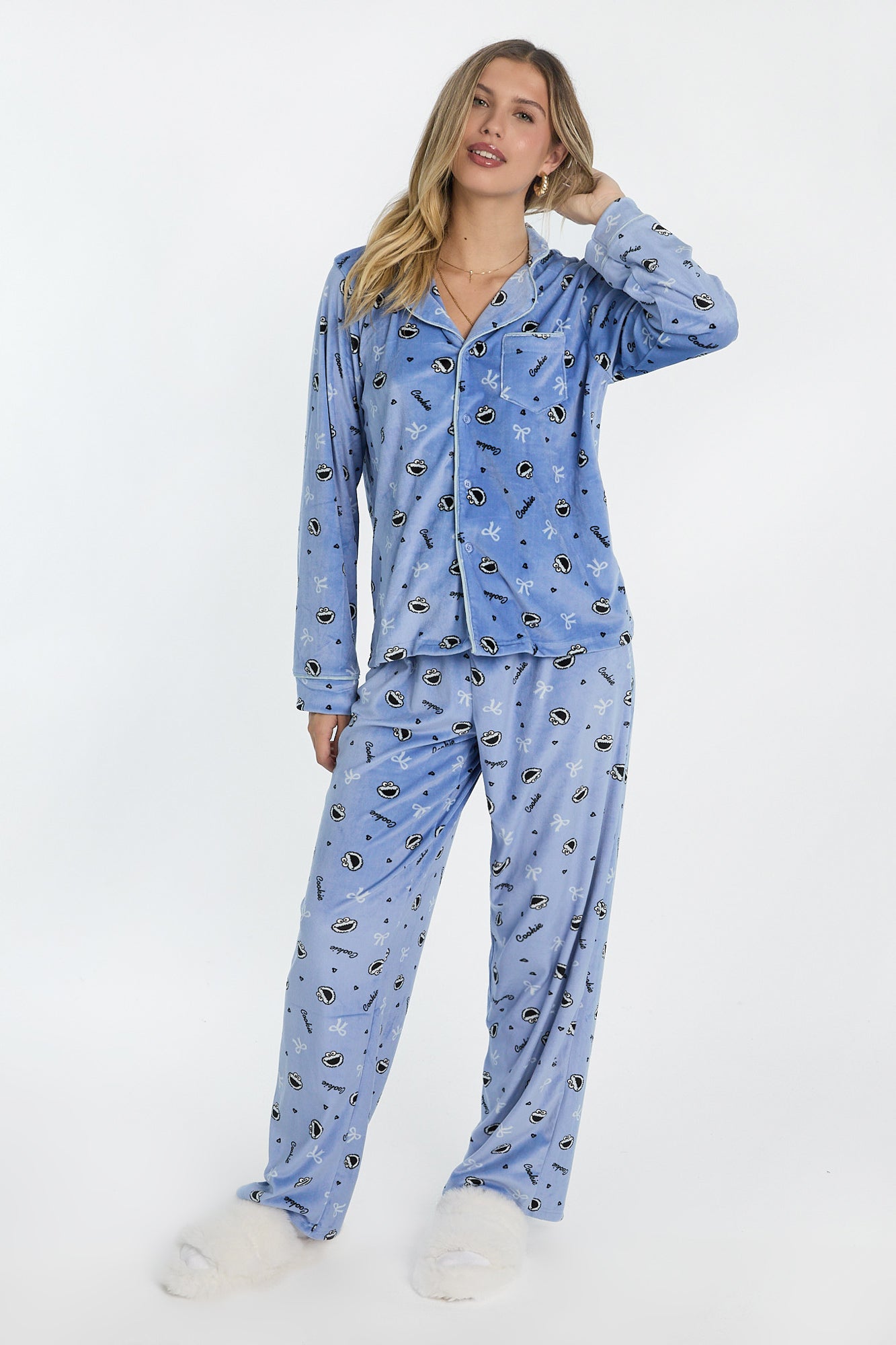 Cookie Monster Velour 2-Piece Pajama Shirt & Pant Set - Blue /