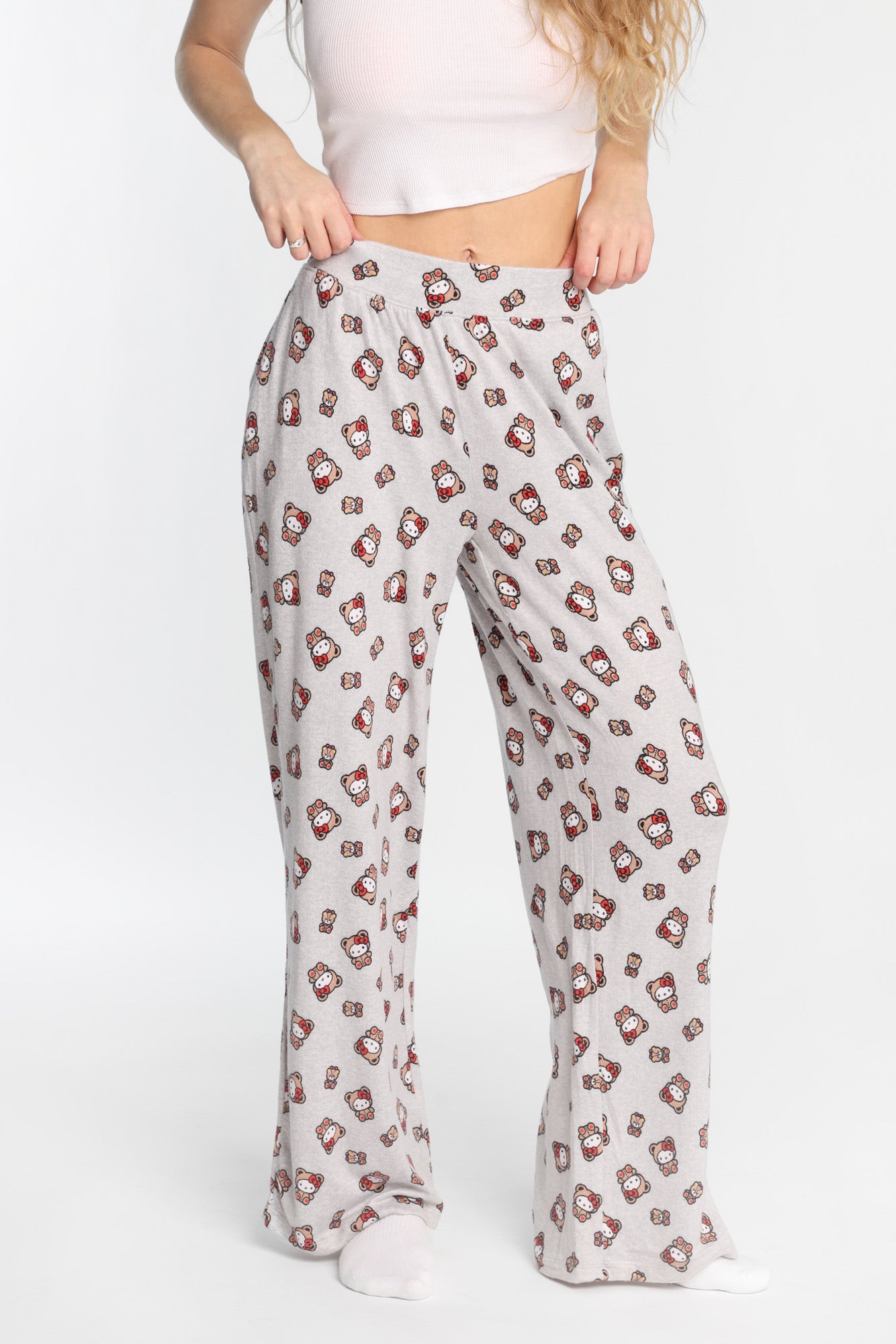 Hello Kitty Teddy Bear Super Soft Wide Leg Pajama Pants - Heather Grey /