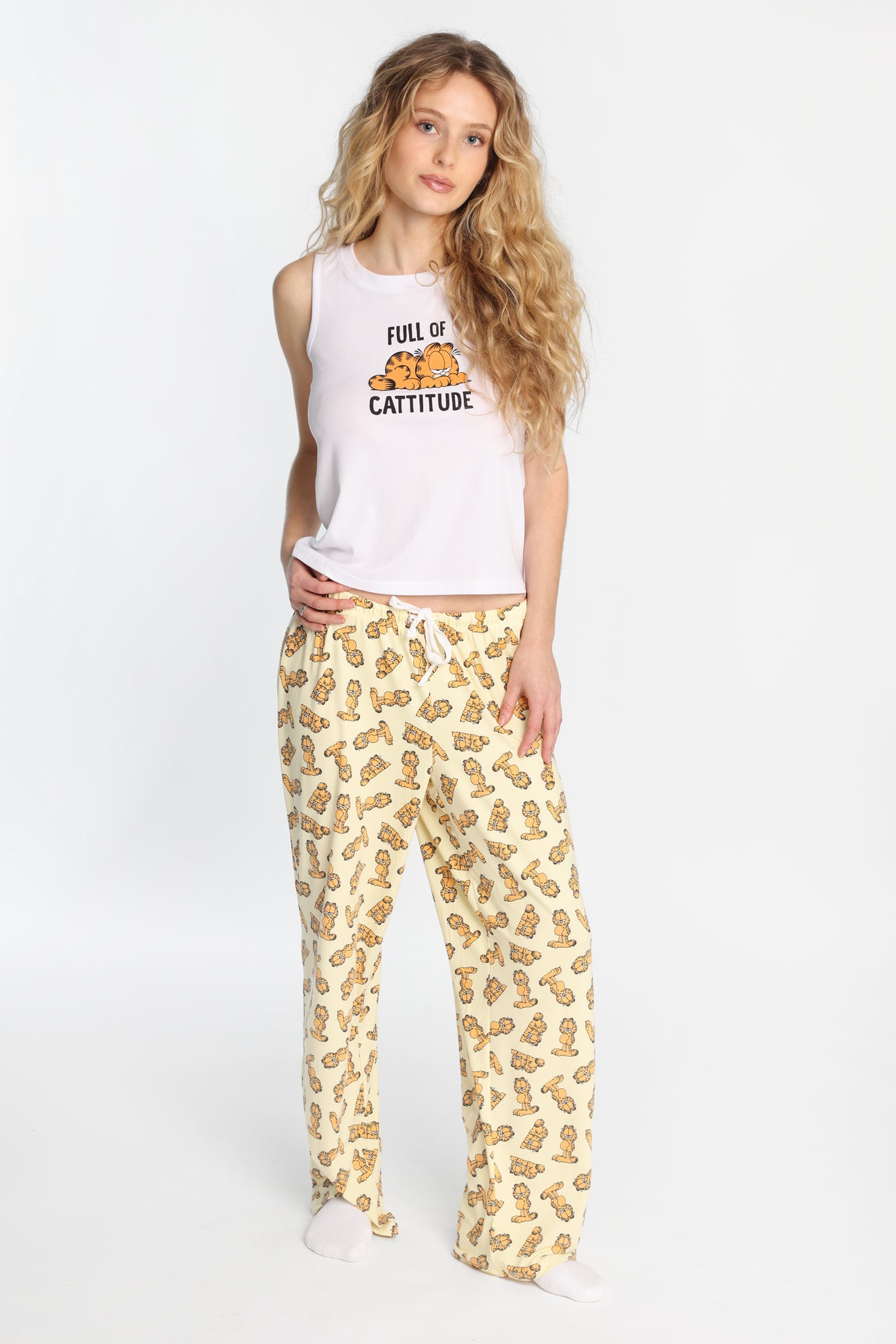 Garfield Ribbed Pajama Tank Top And Pants 2-Piece Set - White /