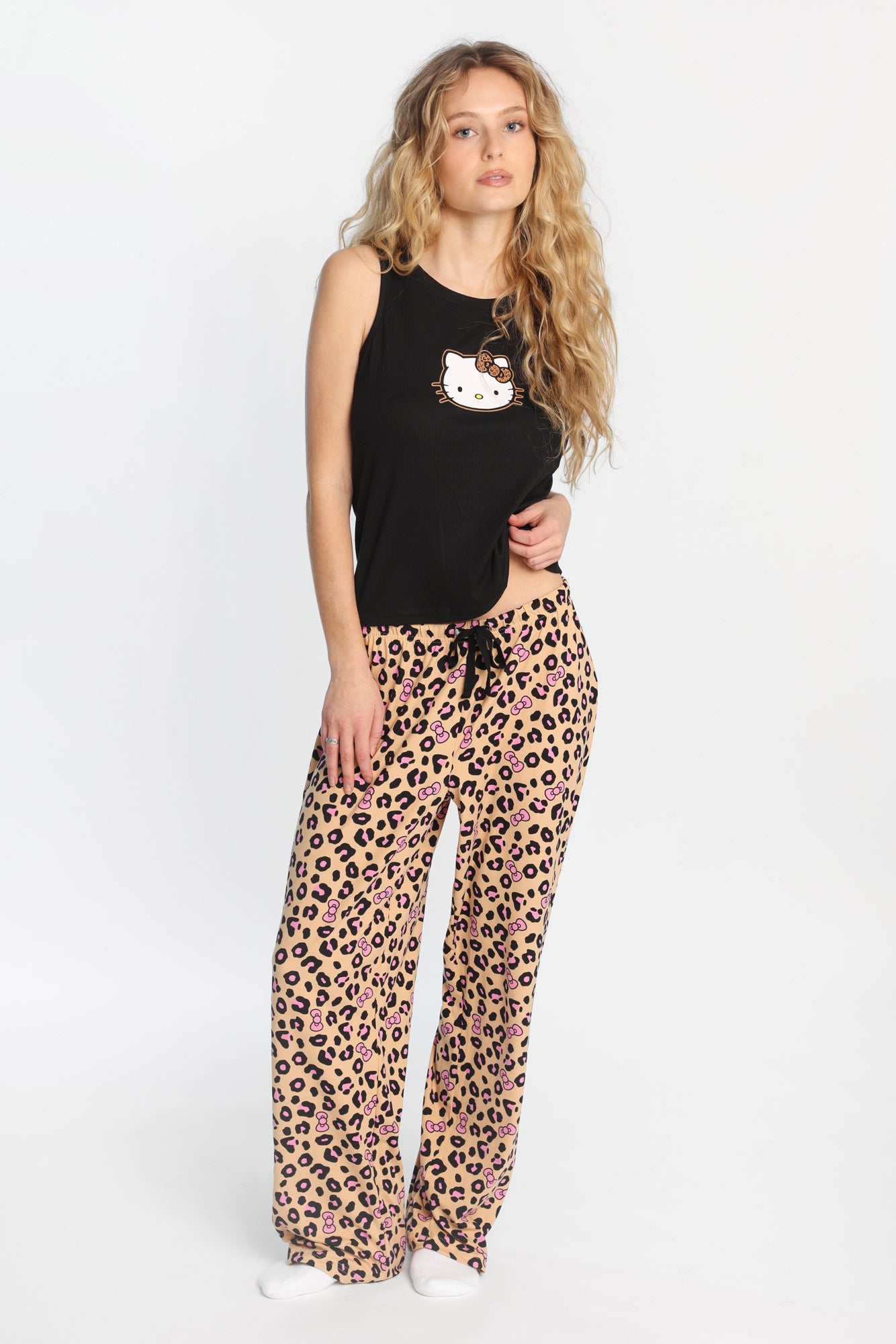 Hello Kitty Leopard Ribbed Pajama Tank Top And Pants 2-Piece Set - Black /