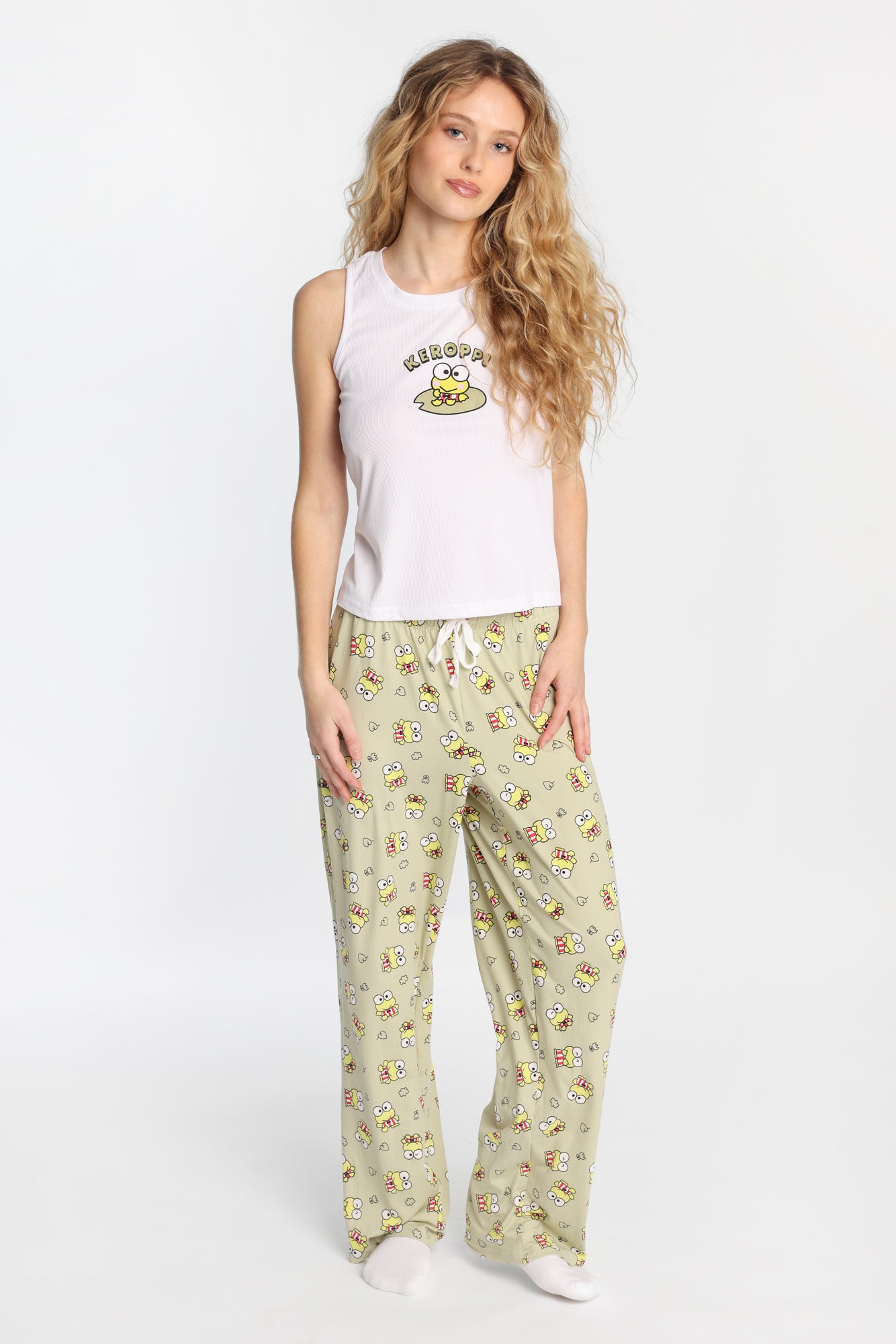 Keroppi Ribbed Pajama Tank Top And Pants 2-Piece Set - White /