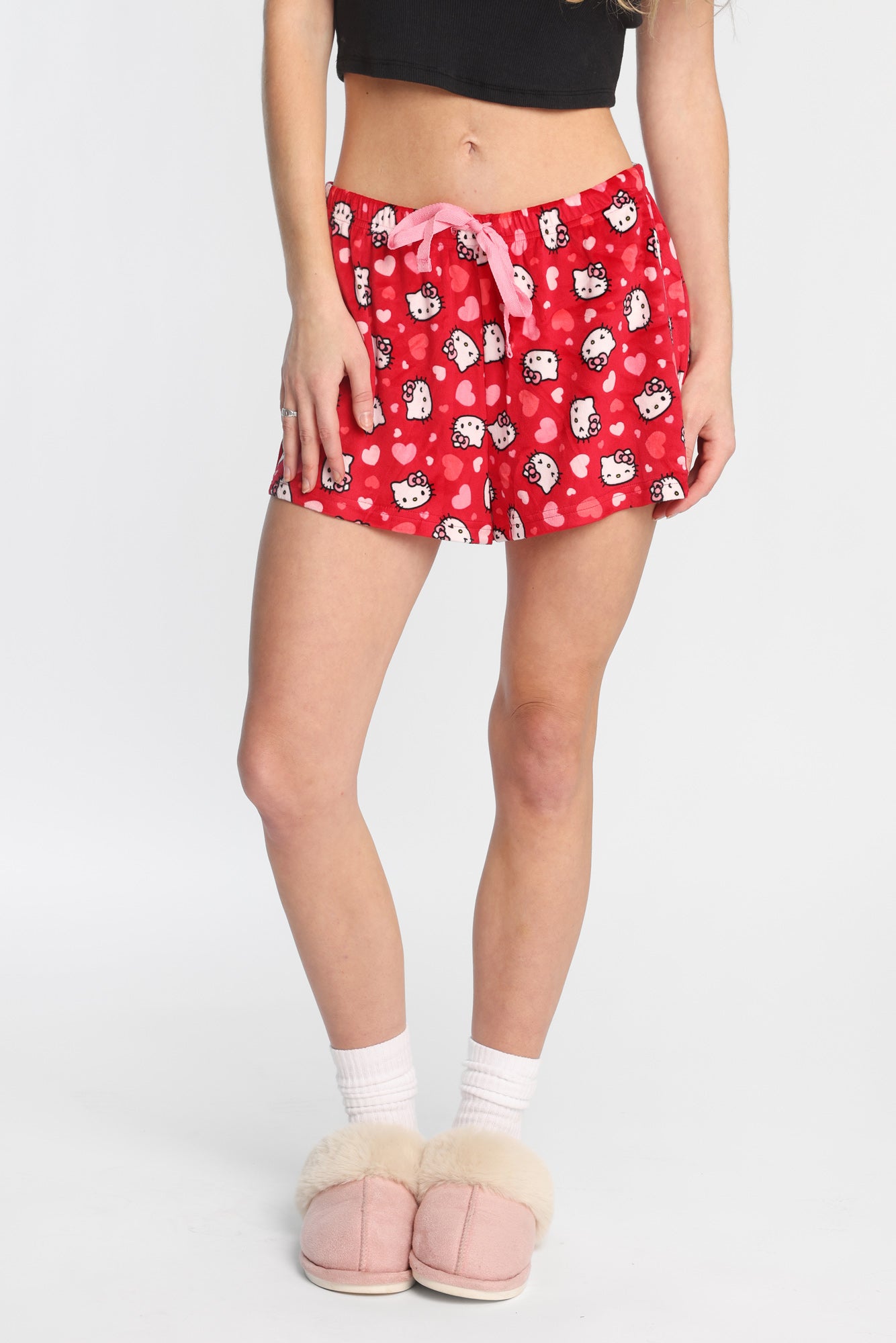 Hello Kitty Heart Velour Pajama Shorts - Red /